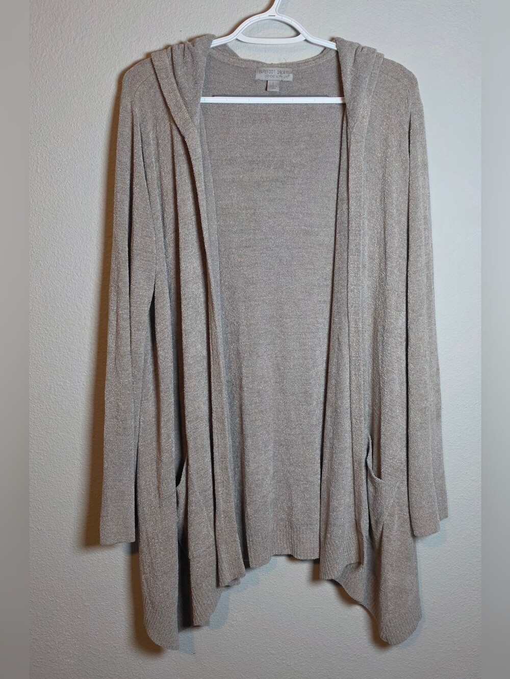 Barefoot Dreams CozyChic Hooded Seashore Cardigan Size L Oyster Neutral Duster - Picture 3 of 9